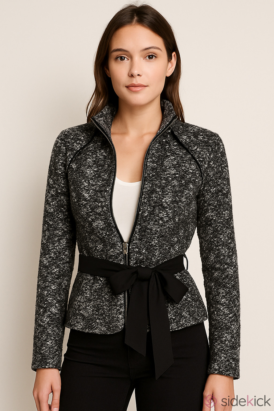 Sandro Black White Top Jacket Knit Waist Belted Dressy Women Small High Collar